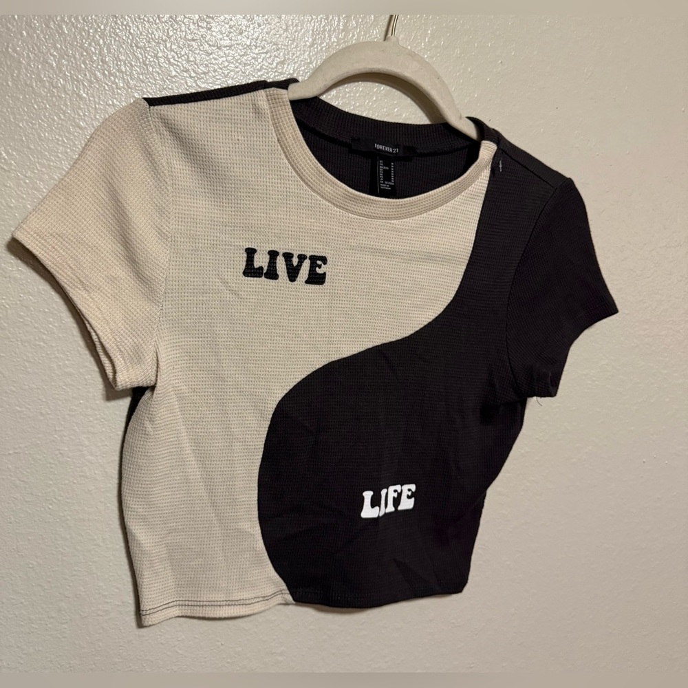 Forever 21 Live Life Yin Yang Crop Top Black White Waffle Knit Medium - Picture 4 of 4